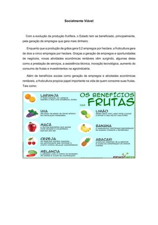 Socialmente Viável
Com a evolução da produção frutífera, o Estado tem se beneficiado, principalmente,
pela geração de empregos que gera mais dinheiro.
Enquanto que a produção de grãos gera 0,2 empregos por hectare, a fruticultura gera
de dois a cinco empregos por hectare. Graças a geração de empregos e oportunidades
de negócios, novas atividades econômicas rentáveis vêm surgindo, algumas delas
como a prestação de serviços, a assistência técnica, inovação tecnológica, aumento do
consumo de frutas e investimentos na agroindústria.
Além de benefícios sociais como geração de empregos e atividades econômicas
rentáveis, a fruticultura propicia papel importante na vida de quem consome suas frutas.
Tais como:
 