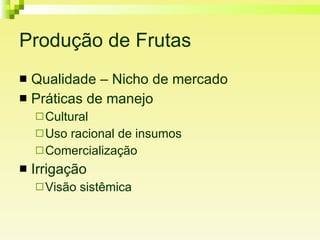 Produção de Frutas Qualidade – Nicho de mercado Práticas de manejo Cultural Uso racional de insumos Comercialização Irrigação Visão sistêmica 