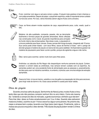 126
Frutíferas e Plantas Úteis na Vida Amazônica
USO
Fruto: cozinhar com água e sal para comer a polpa. O piquiá mais gostoso é bem cheiroso e
com polpa amarelinha. Depois da polpa, o piquiá tem espinhos, então é importante tomar cuidado
na hora de comer. Por isso, vários feirantes abrem alguns frutos como amostra.
Caça: as flores atraem muitas espécies de caça, especialmente paca, cutia, veado, quati e
tatu.
Madeira: de alta qualidade, compacta, pesada, não se decompõe
facilmente e fornece peças de grandes dimensões. Muito utilizada
nas construções civil e naval, de grande importância para armação
do fundo interno das embarcações. Nas áreas rurais, o piquiazeiro é
a árvore preferida para fazer canoas. Essas canoas têm longa duração, chegando até 10 anos.
Sua canoa pode andar lotada - com seus filhos, sacos de farinha e frutas - sem o perigo de
afundar graças à madeira de piquiá e à resina de breu para calafetar. Os fazendeiros gostam da
madeira de piquiazeiro para fazer curral e portão, porque ela agüenta a água e não racha.
Óleo: serve para cozinhar, sendo muito bom para fritar peixe.
Amêndoa: os caboclos do Rio Negro não desperdiçam nenhuma semente de piquiá. Cortam,
extraem e comem todas as amêndoas, mas sempre tomam cuidado com os espinhos. As
sementes podem ser uma excelente fonte de alimentação para as pessoas e, possivelmente,
de óleo para usar na indústria cosmética, no entanto, é preciso usar uma tecnologia de extração
apropriada.
Casca do fruto: é rica em tanino, substitui a noz de galha na preparação da tinta para escrever,
para tingir rede de dormir e fio. Essa casca também é usada para fazer sabão.
Óleo de piquiá
Durante uma boa safra de piquiá, Senhorinha de Nanaí juntou muitos frutos e tirou
tanto óleo que ela não precisou comprar nenhum litro no ano inteiro. Como ela mesma
diz: “evitando a compra do óleo do mercado, a gente economiza o dinheiro que não tem”.
Para tirar óleo: deixe os frutos amadurecerem por 3 ou 4 dias. Quando eles estiverem
maduros (moles), cozinhe-os por 1 hora e escorra a água numa peneira. No próximo dia,
raspe e amasse bem a polpa, levando-a ao fogo baixo (sem água). Finalmente, retire a
massa aos poucos enquanto o óleo derrete. Três dúzias de piquiá podem render 2,5 litros
de óleo.
Óleo
de
piquiá
 
