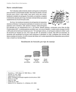 140
Frutíferas e Plantas Úteis na Vida Amazônica
Novo extrativismo
Há 4 décadas estão tentando plantar seringueira na Amazônia
para aumentar a produtividade de látex. Nas áreas de plantio, há mais
árvores para cortar e elas estão mais perto umas das outras,
facilitando o trabalho do seringueiro. No entanto, em plantios, a espécie
é fortemente atacada pelo fungo chamado mal-das-folhas que passa
rapidamente de uma árvore para outra.
No Acre, há iniciativas de plantio de seringueiras em pequenas
clareiras na floresta. A seringueira é plantada em consórcio com outras
espécies como mandioca, café, banana e laranja. Cada seringueira
fica plantada em um espaçamento de 4 x 20 metros. Nesses plantios, conhecidos como Ilhas de Alta
Produtividade (IAP),7
os pesquisadores acreditam que, com pouco trabalho, o coletor pode conseguir de 400
a 800 quilos de borracha por hectare por ano.8
Em seringais nativos, um seringueiro coleta em média 1 quilo
de borracha por hectare por ano. Há 2 tipos de IAP: de sementes e clonais. Nas IAPs de sementes, as
sementes são escolhidas de árvores mais produtivas e plantadas no chão, protegidas dos animais pela
taboca (pedaço de bambu). As IAPs clonais são feitas com mudas especialmente preparadas para produzir
mais e resistir ao mal-das-folhas.
1
Tocantins, L. 1979 / Dean, W. 1989 / Moro, J. 1993
2
Schroth, G. et al., 2003
3
Vasconcelos, S.S. 2001
4
IBGE. Produção da extração vegetal e da silvicultura. 2002
5
Neves, C. A. 1981
6
Dean, W. 1989
7
Fadell, M.J.S. 1997
8
Maciel, R.C.G.; Saldanha, C.L. & Batista, G.E. 2000
Rendimento de borracha por tipo de manejo
Tradicional
1 kg
por hectare
Sementes
400 kg
por hectare
Clonal
800 kg
por hectare
 