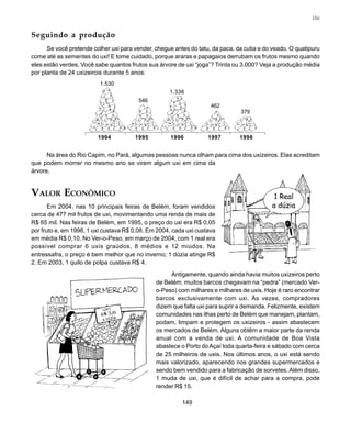 149
Uxi
1.530
546
1.336
462
379
1994 1995 1996 1997 1998
Seguindo a produção
Se você pretende colher uxi para vender, chegue antes do tatu, da paca, da cutia e do veado. O quatipuru
come até as sementes do uxi! E tome cuidado, porque araras e papagaios derrubam os frutos mesmo quando
eles estão verdes. Você sabe quantos frutos sua árvore de uxi “joga”? Trinta ou 3.000? Veja a produção média
por planta de 24 uxizeirois durante 5 anos:
Na área do Rio Capim, no Pará, algumas pessoas nunca olham para cima dos uxizeiros. Elas acreditam
que podem morrer no mesmo ano se virem algum uxi em cima da
árvore.
VALOR ECONÔMICO
Em 2004, nas 10 principais feiras de Belém, foram vendidos
cerca de 477 mil frutos de uxi, movimentando uma renda de mais de
R$ 65 mil. Nas feiras de Belém, em 1995, o preço do uxi era R$ 0,05
por fruto e, em 1998, 1 uxi custava R$ 0,08. Em 2004, cada uxi custava
em média R$ 0,10. No Ver-o-Peso, em março de 2004, com 1 real era
possível comprar 6 uxis graúdos, 8 médios e 12 miúdos. Na
entressafra, o preço é bem melhor que no inverno; 1 dúzia atinge R$
2. Em 2003, 1 quilo de polpa custava R$ 4.
Antigamente, quando ainda havia muitos uxizeiros perto
de Belém, muitos barcos chegavam na “pedra” (mercado Ver-
o-Peso) com milhares e milhares de uxis. Hoje é raro encontrar
barcos exclusivamente com uxi. Às vezes, compradores
dizem que falta uxi para suprir a demanda. Felizmente, existem
comunidades nas ilhas perto de Belém que manejam, plantam,
podam, limpam e protegem os uxizeiros - assim abastecem
os mercados de Belém. Alguns obtêm a maior parte da renda
anual com a venda de uxi. A comunidade de Boa Vista
abastece o Porto doAçaí toda quarta-feira e sábado com cerca
de 25 milheiros de uxis. Nos últimos anos, o uxi está sendo
mais valorizado, aparecendo nos grandes supermercados e
sendo bem vendido para a fabricação de sorvetes. Além disso,
1 muda de uxi, que é difícil de achar para a compra, pode
render R$ 15.
 