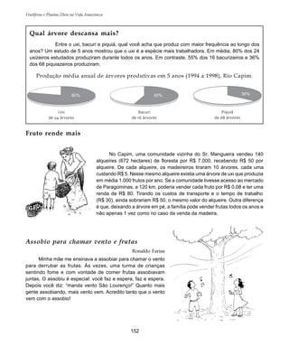 152
Frutíferas e Plantas Úteis na Vida Amazônica
Qual árvore descansa mais?
Entre o uxi, bacuri e piquiá, qual você acha que produz com maior frequência ao longo dos
anos? Um estudo de 5 anos mostrou que o uxi é a espécie mais trabalhadora. Em média, 80% dos 24
uxizeiros estudados produziram durante todos os anos. Em contraste, 55% dos 16 bacurizeiros e 36%
dos 68 piquiazeiros produziram.
Produção média anual de árvores produtivas em 5 anos (1994 a 1998), Rio Capim.
Fruto rende mais
No Capim, uma comunidade vizinha do Sr. Mangueira vendeu 140
alqueires (672 hectares) de floresta por R$ 7.000, recebendo R$ 50 por
alqueire. De cada alqueire, os madeireiros tiraram 10 árvores, cada uma
custando R$ 5. Nesse mesmo alqueire existia uma árvore de uxi que produzia
em média 1.000 frutos por ano. Se a comunidade tivesse acesso ao mercado
de Paragominas, a 120 km, poderia vender cada fruto por R$ 0,08 e ter uma
renda de R$ 80. Tirando os custos de transporte e o tempo de trabalho
(R$ 30), ainda sobrariam R$ 50, o mesmo valor do alqueire. Outra diferença
é que, deixando a árvore em pé, a família pode vender frutas todos os anos e
não apenas 1 vez como no caso da venda da madeira.
Assobio para chamar vento e frutas
Ronaldo Farias
Minha mãe me ensinava a assobiar para chamar o vento
para derrubar as frutas. Às vezes, uma turma de crianças
sentindo fome e com vontade de comer frutas assobiavam
juntas. O assobiu é especial: você faz e espera, faz e espera.
Depois você diz: “manda vento São Lourenço!” Quanto mais
gente assobiando, mais vento vem. Acredito tanto que o vento
vem com o assobio!
Bacuri
de 16 árvores
Uxi
de 24 árvores
80%
Piquiá
de 68 árvores
36%55%
 