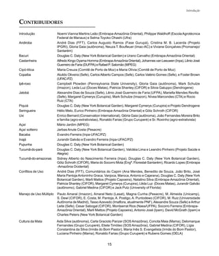 15
Introdução
CONTRIBUIDORES
Introdução Noemi Vianna Martins Leão (Embrapa-Amazônia Oriental), Philippe Waldhoff (EscolaAgrotécnica
Federal de Manaus) e Selma Toyoko Ohashi (Ufra)
Andiroba André Dias (FFT), Carlos Augusto Ramos (Fase Gurupá), Cristina M. B. Lacerda (Projeto
IPGRI), Gloria Gaia (autônoma), Neuza T. Boufleuer (Imac-AC) e Viviane Gonçalves (Promanejo/
Santarém)
Bacuri Douglas C. Daly (New York Botanical Garden) e Urano Carvalho (Embrapa-Amazônia Oriental)
Castanheira AlfredoKingoOyamaHomma(Embrapa-AmazôniaOriental),JohannesvanLeeuwen(Inpa),LênioJosé
GuerreirodeFaria(DUFPA)eRafaelP.Salomão (MPEG)
Cipó-titica Maria Creuza (Comitê de Porto de Moz) e Maria Olívia (Comitê de Porto de Moz)
Copaíba Aluildo Oliveira (Sefe), CarlosAlberto Campos (Sefe), Carlos Valério Gomes (Sefe), e Foster Brown
(UFAC-PZ)
Ipê-roxo Campbell Plowden (Pennsylvania State University), Gloria Gaia (autônoma), Mark Schulze
(Imazon), Leda Luz (Doces Matas), Patricia Shanley (CIFOR) e Silvia Galuppo (Dendrogene)
Jatobá Alexandre Dias de Souza (Sefe), Lênio José Guerreiro de Faria (UFPA), Mariella Mendes Revilla
(Sefe), Margaret Cymerys (Curupira), Mark Schulze (Imazon), Nívea Marcondes (CTA) e Rocio
Ruiz (CTA)
Piquiá Douglas C. Daly (New York Botanical Garden), Margaret Cymerys (Curupira) e Projeto Dendrogene
Seringueira Hélio Melo, Eurico Pinheiro (Embrapa-Amazônia Oriental) e Götz Schroth (CIFOR)
Uxi Enrico Bernard (Conservation International), Glória Gaia (autônoma), João Fernandes Moreira Brito
e família (agro-extrativistas), Ronaldo Farias (Grupo Curuperé) e Sr. Roxinho (agro-extrativista)
Açaí Mário Jardim (MPEG)
Açaí solteiro Jarbas Anute Costa (Pesacre)
Bacaba Evandro Ferreira (Inpa-UFAC/PZ)
Inajá Jurandir Galvão e Evandro Ferreira (Inpa-UFAC/PZ)
Pupunha Douglas C. Daly (New York Botanical Garden)
Tucumã-do-pará Douglas C. Daly (New York Botanical Garden), Valcléia Lima e Leandro Pinheiro (Projeto Saúde e
Alegria)
Tucumã-do-amazonas Sidney Alberto do Nascimento Ferreira (Inpa), Douglas C. Daly (New York Botanical Garden),
Götz Schroth (CIFOR), Maria do Socorro Mota (Engª. Florestal-Santarém), Ricardo Lopes (Embrapa
-Amazônia Ocidental)
Conflitos de Uso André Dias (FFT), Comunitários do Capim (Ana Mendes, Benedito de Souza, João Brito, José
Maria Pantoja Antoninho Graca, Vanjoca, Maroca,Antonio e Cajarana), Douglas C. Daly (New York
Botanical Garden), Marli Mattos (Projeto Capoeira), Natalino Silva (Embrapa-Amazônia Oriental),
Patricia Shanley (CIFOR), Margaret Cymerys (Curupira), Lêda Luz (Doces Matas), Jurandir Galvão
(autônomo), Gabriel Medina (CIFOR) e Jack Putz (University of Florida)
Manejo de Uso Múltiplo Paulo Amaral (Imazon), Amaral Neto (Lasat), Magna Cunha (Pesacre), M. Almeida (Unicamp),
S. Dewi (CIFOR), E. Costa, M. Pantoja, A. Postigo,A. Puntodewo (CIFOR), M. Ruiz (Universidade
Autônoma de Madrid), TassoAzevedo (Imaflora, atualmente PNF),Alexandre Souza (Sefe) eArthur
Leite (Sefe), Cesar Sabogal (CIFOR), Montserrat Rios (Naea/UFPA), Socorro Ferreira (Embrapa-
Amazônia Oriental), Marli Mattos (Projeto Capoeira),Antonio José (Ipam), David McGrath (Ipam) e
Charles Peters (New York Botanical Garden)
Cultura da Mata Aida Silva (autônoma), Carla Gracioto Panzer (SOSAmazônia), Concita Maia (Mama), Delomarque
Fernandes (Grupo Curuperé), Eliete Timóteo (SOSAmazônia), Gabriel Medina (CIFOR), Lígia
Constantina da Silva (Irmãs do Bom Pastor), Maria Inês S. Evangelista (Irmãs do Bom Pastor),
Luciana Pinheiro (Mama), Ronaldo Farias (Grupo Curuperé) e Rubens Gomes (OELA)
 