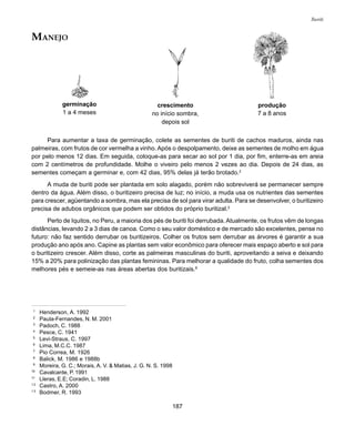 187
Buriti
1
Henderson, A. 1992
2
Paula-Fernandes, N. M. 2001
3
Padoch, C. 1988
4
Pesce, C. 1941
5
Levi-Straus, C. 1997
6
Lima, M.C.C. 1987
7
Pio Correa, M. 1926
8
Balick, M. 1986 e 1988b
9
Moreira, G. C.; Morais, A. V. & Matias, J. G. N. S. 1998
10
Cavalcante, P. 1991
11
Lleras, E.E; Coradin, L. 1988
12
Castro, A. 2000
13
Bodmer, R. 1993
germinação
1 a 4 meses
crescimento
no início sombra,
depois sol
produção
7 a 8 anos
Para aumentar a taxa de germinação, colete as sementes de buriti de cachos maduros, ainda nas
palmeiras, com frutos de cor vermelha a vinho. Após o despolpamento, deixe as sementes de molho em água
por pelo menos 12 dias. Em seguida, coloque-as para secar ao sol por 1 dia, por fim, enterre-as em areia
com 2 centímetros de profundidade. Molhe o viveiro pelo menos 2 vezes ao dia. Depois de 24 dias, as
sementes começam a germinar e, com 42 dias, 95% delas já terão brotado.2
A muda de buriti pode ser plantada em solo alagado, porém não sobreviverá se permanecer sempre
dentro da água. Além disso, o buritizeiro precisa de luz; no início, a muda usa os nutrientes das sementes
para crescer, agüentando a sombra, mas ela precisa de sol para virar adulta. Para se desenvolver, o buritizeiro
precisa de adubos orgânicos que podem ser obtidos do próprio buritizal.2
Perto de Iquitos, no Peru, a maioria dos pés de buriti foi derrubada. Atualmente, os frutos vêm de longas
distâncias, levando 2 a 3 dias de canoa. Como o seu valor doméstico e de mercado são excelentes, pense no
futuro: não faz sentido derrubar os buritizeiros. Colher os frutos sem derrubar as árvores é garantir a sua
produção ano após ano. Capine as plantas sem valor econômico para oferecer mais espaço aberto e sol para
o buritizeiro crescer. Além disso, corte as palmeiras masculinas do buriti, aproveitando a seiva e deixando
15% a 20% para polinização das plantas femininas. Para melhorar a qualidade do fruto, colha sementes dos
melhores pés e semeie-as nas áreas abertas dos buritizais.8
MANEJO
 