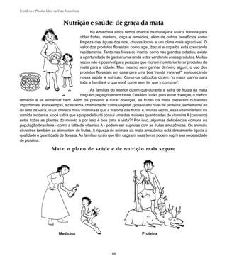18
Frutíferas e Plantas Úteis na Vida Amazônica
Nutrição e saúde: de graça da mata
Na Amazônia ainda temos chance de manejar e usar a floresta para
obter frutas, madeira, caça e remédios, além de outros benefícios como
limpeza das águas dos rios, chuvas locais e um clima mais agradável. O
valor dos produtos florestais como açaí, bacuri e copaíba está crescendo
rapidamente. Tanto nas feiras do interior como nas grandes cidades, existe
a oportunidade de ganhar uma renda extra vendendo esses produtos. Muitas
vezes não é possível para pessoas que moram no interior levar produtos da
mata para a cidade. Mas mesmo sem ganhar dinheiro algum, o uso dos
produtos florestais em casa gera uma boa “renda invisível”, enriquecendo
nossa saúde e nutrição. Como os caboclos dizem: “o maior ganho para
toda a família é o que você come sem ter que ir comprar”.
As famílias do interior dizem que durante a safra de frutas da mata
ninguém pega gripe nem tosse. Eles têm razão: para evitar doenças, o melhor
remédio é se alimentar bem. Além de prevenir e curar doenças, as frutas da mata oferecem nutrientes
importantes. Por exemplo, a castanha, chamada de “carne vegetal”, possui alto nível de proteína, semelhante ao
do leite de vaca. O uxi oferece mais vitamina B que a maioria das frutas e, muitas vezes, essa vitamina falta na
comida moderna. Você sabia que a polpa de buriti possui uma das maiores quantidades de vitamina A (caroteno)
entre todas as plantas do mundo e por isso é boa para a vista?4
Por isso, algumas deficiências comuns na
população brasileira - como a falta de vitamina A - podem ser supridas com as frutas amazônicas. Os animais
silvestres também se alimentam de frutas. A riqueza de animais da mata amazônica está diretamente ligada à
qualidade e quantidade de floresta.As famílias rurais que têm caça em suas terras podem suprir sua necessidade
de proteína.
Mata: o plano de saúde e de nutrição mais seguro
ProteínaMedicina
 