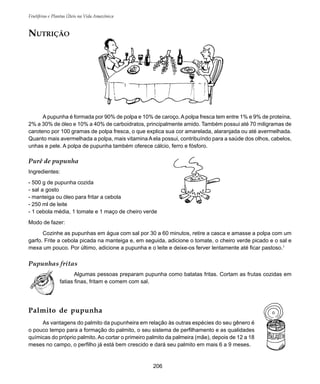 Frutíferas e Plantas Úteis na Vida Amazônica
206
Palmito de pupunha
As vantagens do palmito da pupunheira em relação às outras espécies do seu gênero é
o pouco tempo para a formação do palmito, o seu sistema de perfilhamento e as qualidades
químicas do próprio palmito. Ao cortar o primeiro palmito da palmeira (mãe), depois de 12 a 18
meses no campo, o perfilho já está bem crescido e dará seu palmito em mais 6 a 9 meses.
A pupunha é formada por 90% de polpa e 10% de caroço.A polpa fresca tem entre 1% e 9% de proteína,
2% a 30% de óleo e 10% a 40% de carboidratos, principalmente amido. Também possui até 70 miligramas de
caroteno por 100 gramas de polpa fresca, o que explica sua cor amarelada, alaranjada ou até avermelhada.
Quanto mais avermelhada a polpa, mais vitamina A ela possui, contribuíndo para a saúde dos olhos, cabelos,
unhas e pele. A polpa de pupunha também oferece cálcio, ferro e fósforo.
Purê de pupunha
Ingredientes:
- 500 g de pupunha cozida
- sal a gosto
- manteiga ou óleo para fritar a cebola
- 250 ml de leite
- 1 cebola média, 1 tomate e 1 maço de cheiro verde
Modo de fazer:
Cozinhe as pupunhas em água com sal por 30 a 60 minutos, retire a casca e amasse a polpa com um
garfo. Frite a cebola picada na manteiga e, em seguida, adicione o tomate, o cheiro verde picado e o sal e
mexa um pouco. Por último, adicione a pupunha e o leite e deixe-os ferver lentamente até ficar pastoso.1
Pupunhas fritas
Algumas pessoas preparam pupunha como batatas fritas. Cortam as frutas cozidas em
fatias finas, fritam e comem com sal.
NUTRIÇÃO
 