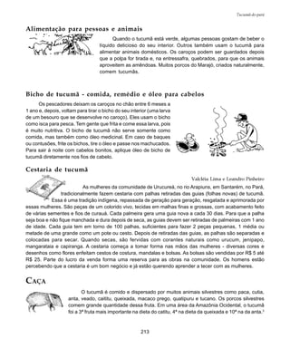 213
Tucumã-do-pará
Alimentação para pessoas e animais
Quando o tucumã está verde, algumas pessoas gostam de beber o
líquido delicioso do seu interior. Outros também usam o tucumã para
alimentar animais domésticos. Os caroços podem ser guardados depois
que a polpa for tirada e, na entressafra, quebrados, para que os animais
aproveitem as amêndoas. Muitos porcos do Marajó, criados naturalmente,
comem tucumãs.
Bicho de tucumã - comida, remédio e óleo para cabelos
Os pescadores deixam os caroços no chão entre 6 meses a
1 ano e, depois, voltam para tirar o bicho do seu interior (uma larva
de um besouro que se desenvolve no caroço). Eles usam o bicho
como isca para pesca. Tem gente que frita e come essa larva, pois
é muito nutritiva. O bicho de tucumã não serve somente como
comida, mas também como óleo medicinal. Em caso de baques
ou contusões, frite os bichos, tire o óleo e passe nos machucados.
Para sair à noite com cabelos bonitos, aplique óleo de bicho de
tucumã diretamente nos fios de cabelo.
Cestaria de tucumã
Valcléia Lima e Leandro Pinheiro
As mulheres da comunidade de Urucureá, no rio Arapiuns, em Santarém, no Pará,
tradicionalmente fazem cestaria com palhas retiradas das guias (folhas novas) de tucumã.
Essa é uma tradição indígena, repassada de geração para geração, resgatada e aprimorada por
essas mulheres. São peças de um colorido vivo, tecidas em malhas finas e grossas, com acabamento feito
de várias sementes e fios de curauá. Cada palmeira gera uma guia nova a cada 30 dias. Para que a palha
seja boa e não fique manchada e dura depois de seca, as guias devem ser retiradas de palmeiras com 1 ano
de idade. Cada guia tem em torno de 100 palhas, suficientes para fazer 2 peças pequenas, 1 média ou
metade de uma grande como um pote ou cesto. Depois de retiradas das guias, as palhas são separadas e
colocadas para secar. Quando secas, são fervidas com corantes naturais como urucum, jenipapo,
mangarataia e capiranga. A cestaria começa a tomar forma nas mãos das mulheres - diversas cores e
desenhos como flores enfeitam cestos de costura, mandalas e bolsas. As bolsas são vendidas por R$ 5 até
R$ 25. Parte do lucro da venda forma uma reserva para as obras na comunidade. Os homens estão
percebendo que a cestaria é um bom negócio e já estão querendo aprender a tecer com as mulheres.
CAÇA
O tucumã é comido e dispersado por muitos animais silvestres como paca, cutia,
anta, veado, caititu, queixada, macaco prego, quatipuru e tucano. Os porcos silvestres
comem grande quantidade dessa fruta. Em uma área da Amazônia Ocidental, o tucumã
foi a 3ª fruta mais importante na dieta do catitu, 4ª na dieta da queixada e 10ª na da anta.3
 