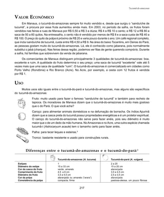 217
Tucumã-do-amazonas
USO
Muitos usos são iguais entre o tucumã-do-pará e tucumã-do-amazonas, mas alguns são específicos
do tucumã-do-amazonas:
Fruto: muito usado para fazer o famoso “sanduíche de tucumã” e também para recheio de
tapioca. Os moradores de Manaus dizem que o tucumã-do-amazonas é muito mais gostoso
que o do Pará. O que você acha?
Caroço: para alimentar animais domésticos e na defumação de borracha. Os índios Apurinã
dizem que a casca preta do tucumã possui propriedades energéticas e é um protetor espiritual.
O caroço do tucumã-do-amazonas não serve para fazer anéis, pois seu diâmetro é muito
maior que o de um dedo da mão humana. No Amazonas e no Acre, uma outra espécie chamada
tucumã-i (Astrocaryum acaule) tem o tamanho certo para fazer anéis.
Palha: para tecer leques e esteiras.5
Tronco: bastante resistente e usado para construções rurais.
VALOR ECONÔMICO
Em Manaus, o tucumã-do-amazonas sempre foi muito vendido e, desde que surgiu o “sanduíche de
tucumã”, a procura por essa fruta aumentou ainda mais. Em 2003, no período da safra, os frutos foram
vendidos nas feiras e ruas de Manaus por R$ 0,50 a R$ 3 a dúzia; R$ 4 a R$ 10 o cento; e R$ 12 a R$ 80 a
saca de 50 a 60 quilos. Na entressafra, o cento não é vendido por menos de R$ 8 e a saca custa de R$ 40 a
R$ 100. O preço do quilo da polpa é próximo de R$ 20 e varia pouco durante o ano. Um café regional completo,
que inclui sanduíche de tucumã, custa entre R$ 4,50 a R$ 9. Na área do baixo Tocantins, em Oeiras do Pará,
as pessoas gostam muito do tucumã-do-amazonas. Lá, ele é conhecido como jabarana, pois normalmente
substitui o jabá (charque). Nas feiras dessa região, podemos ver filas de gente querendo comprá-lo. Durante
a safra, há famílias que sobrevivem da venda de jabarana.
Os comerciantes de Manaus distinguem principalmente 3 qualidades de tucumã-do-amazonas: boa,
excelente e ruim. A qualidade do fruto determina o seu preço; uma saca de tucumã “excelente” vale até 5
vezes mais que uma saca de qualidade “ruim”. O tucumã-do-amazonas é comercializado em cidades como
Porto Velho (Rondônia) e Rio Branco (Acre). No Acre, por exemplo, a cesta com 12 frutos é vendida
por R$ 1.
Diferenças entre o tucumã-do-amazonas e o tucumã-do-pará:6
Tucumã-do-amazonas (A. tucuma) Tucumã-do-pará (A. vulgare)
Estipes 1 2 a 20
Diâmetro do estipe 15 a 33 cm 15 a 20 cm
Cor da casca do fruto verde, amarelo alaranjada
Comprimento do fruto 4,5 a 6 cm 3,5 a 4,5 cm
Diâmetro do fruto 3,5 a 4,5 cm 2,5 a 3,5 cm
Cor da polpa alaranjada ou amarela (“arara”) alaranjada
Consistência da polpa compacta, firme pastosa-oleosa, um pouco fibrosa
 