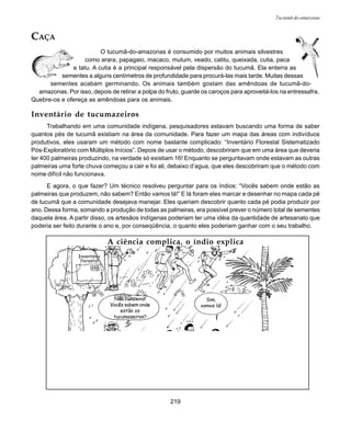 219
Tucumã-do-amazonas
CAÇA
O tucumã-do-amazonas é consumido por muitos animais silvestres
como arara, papagaio, macaco, mutum, veado, catitu, queixada, cutia, paca
e tatu. A cutia é a principal responsável pela dispersão do tucumã. Ela enterra as
sementes a alguns centímetros de profundidade para procurá-las mais tarde. Muitas dessas
sementes acabam germinando. Os animais também gostam das amêndoas de tucumã-do-
amazonas. Por isso, depois de retirar a polpa do fruto, guarde os caroços para aproveitá-los na entressafra.
Quebre-os e ofereça as amêndoas para os animais.
Inventário de tucumazeiros
Trabalhando em uma comunidade indígena, pesquisadores estavam buscando uma forma de saber
quantos pés de tucumã existiam na área da comunidade. Para fazer um mapa das áreas com indivíduos
produtivos, eles usaram um método com nome bastante complicado: “Inventário Florestal Sistematizado
Pós-Exploratório com Múltiplos Inícios”. Depois de usar o método, descobriram que em uma área que deveria
ter 400 palmeiras produzindo, na verdade só existiam 16! Enquanto se perguntavam onde estavam as outras
palmeiras uma forte chuva começou a cair e foi ali, debaixo d’agua, que eles descobriram que o método com
nome difícil não funcionava.
E agora, o que fazer? Um técnico resolveu perguntar para os índios: “Vocês sabem onde estão as
palmeiras que produzem, não sabem? Então vamos lá!” E lá foram eles marcar e desenhar no mapa cada pé
de tucumã que a comunidade desejava manejar. Eles queriam descobrir quanto cada pé podia produzir por
ano. Dessa forma, somando a produção de todas as palmeiras, era possível prever o número total de sementes
daquela área. A partir disso, os artesãos indígenas poderiam ter uma idéia da quantidade de artesanato que
poderia ser feito durante o ano e, por conseqüência, o quanto eles poderiam ganhar com o seu trabalho.
A ciência complica, o índio explica
Não funciona!
Vocês sabem onde
estão os
tucumazeiros?
Sim,
vamos lá!
 