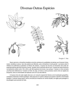 223
Diversas Outras Espécies
Quem percorre a Amazônia brasileira encontra centenas de qualidades de plantas que fornecem frutos,
nozes, remédios e seivas. Isso não poderia ser diferente, pois a Amazônia é muito grande - sua bacia cobre 5
milhões de quilômetros quadrados no Brasil. No entanto, a riqueza de recursos na Amazônia não pode ser
explicada apenas pelo fato de ela ser imensa. Também não é suficiente afirmar que 1 hectare de mata amazônica
normalmente contém entre 125 a 200 e até 300 espécies de árvores. Isso porque 1 hectare no Acre amostra
uma flora bem diferente de 1 hectare no Pará. Ou seja, os frutos e outros produtos variam entre as regiões da
Amazônia, tanto na diversidade de espécies como em sua abundância.
A riqueza única de cada região deve-se a um conjunto especial de fatores como localização geográfica,
condições ambientais e história geológica. São peças de um quebra-cabeças que ajudam a decifrar a diversidade
biológica. Juntando essas peças, temos uma série de mosaicos em várias escalas: de região para paisagem e
de paisagem para parcela de mata.
Douglas C. Daly
Diversas Outras Espécies
 