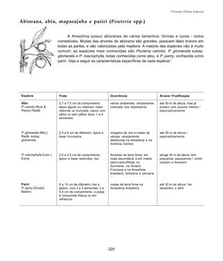 225
Diversas Outras Espécies
Abiorana, abiu, maparajuba e pariri (Pouteria spp.)
A Amazônia possui abioranas de vários tamanhos, formas e cores - todos
comestíveis. Muitas das árvores de abiorana são grandes, possuem látex branco em
todas as partes, e são valorizadas pela madeira. A maioria das espécies não é muito
comum; as espécies mais conhecidas são Pouteria caimito, P. glomerata subsp.
glomerata e P. macrophylla, todas conhecidas como abiu, e P. pariry, conhecida como
pariri. Veja a seguir as características específicas de cada espécie.1
Espécie
Abiu
P. caimito (Ruiz &
Pavón) Radlk.
P. glomerata (Miq.)
Radlk. subsp.
glomerata
P. macrophylla (Lam.)
Eyma
Pariri
P. pariry (Ducke)
Baehni
Fruto
2,7 a 7,5 cm de comprimento;
ápice agudo ou redondo; base
redonda ou truncada; casca com
pêlos ou sem pêlos; lisos; 1 a 4
sementes
2,5 a 9 cm de diâmetro; ápice e
base truncados
2,5 a 3,5 cm de comprimento;
ápice e base redondos; liso
9 a 10 cm de diâmetro; liso e
glabro; com 2 a 3 sementes; 3 a
4,5 cm de comprimento; a polpa
é consumida fresca ou em
refrescos
Ocorrência
vários ambientes; amplamente
cultivada nos neotrópicos
margens de rios e matas de
várzea; amplamente
distribuída na Amazônia e na
América Central
florestas de terra firme, em
mata secundária; e em matas
semi-caducifólias no
Suriname, na Guiana
Francesa e na Amazônia
brasileira, boliviana e peruana
matas de terra firme na
Amazônia brasileira
Árvore / Frutificação
até 30 m de altura, mas já
produz com poucos metros /
esporadicamente
até 30 m de altura /
esporadicamente
atinge 30 m de altura; tem
pequenas sapopemas / entre
outubro e fevereiro
até 30 m de altura / de
dezembro a abril
 
