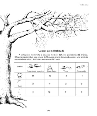 245
Conflito de Uso
Causas da mortalidade
A extração de madeira foi a causa da morte de 80% dos piquiazeiros (55 árvores).
O fogo na roça contribuiu para a morte de 10 árvores, o vento derrubou 2 árvores e uma família da
comunidade derrubou 1 árvore para a construção de 1 barco.
Extração de madeira Roça, Fogo Vento Construção
55 10 2 1
2 4 2 0
3 12 4 0
Piquiá
Bacuri
Uxi
Frutífera
 
