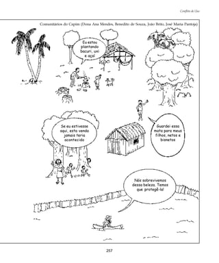 257
Conflito de Uso
Comunitários do Capim (Dona Ana Mendes, Benedito de Souza, João Brito, José Maria Pantoja)
Eu estou
plantando
bacuri, uxi
e açaí
Se eu estivesse
aqui, esta venda
jamais teria
acontecido
Guardei essa
mata para meus
filhos, netos e
bisnetos
Nós sobrevivemos
dessa beleza. Temos
que protegê-la!
 