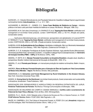 287
Bibliografia
Bibliografia
ALENCAR, J. C. Estudos Silviculturais de uma População Natural de Copaifera multijuga Hayne (Leguminosae)
na Amazônia Central. Acta Amazônica. n.11. p. 3-11. 1981.
ALEXANDRE, A.; BROWN, I.F. ; GOMES, C.V. Como Fazer Medidas de Distância no Campo: métodos
práticos e de baixo custo para fazer medidas de distância no campo. Rio Branco: Bilhograf, 1998. 32 p.
ALEXIADES, M .N. Cat’s claw (Uncaria spp.). In: SHANLEY, P. et al. Tapping the Green Market: certification and
management of non-timber forest products. London: EARTHSCAN, 2002. p. 93-110. (People and plants,
Conservation series).
______. Ayahuasca (Banisteriopisis spp. and admixtures): aproppriation and globalization of a sacred NTFP.
In: SHANLEY, P. et al. Tapping the Green Market: certification and management of non-timber forest products.
London: EARTHSCAN, 2002. p. 297-298. (People and plants, Conservation series).
ALMEIDA,A.W.B.AsQuebradeirasdeCocoBabaçu: identidadeemobilização.SãoLuiz:MovimentoInterestadual
das Quebradeiras de Coco Babaçu, 1995. Não Paginado. (Cadernos de Formação, 1)
ALMEIDA, S. C. B. Avaliações Fenológicas de Quatro Espécies Arbóreas: Ingá calantha Ducke (Mimosaceae),
Hymenaea parvifolia Huber, Hymenaea courbaril L. e Copaifera multijuga Hayne (Caesalpiniaceae). In: Seminário
de Iniciação Científica PIBIC – CNPq, 8. Rio Branco: CNPq, 1999.
AMARAL, P.; NETO, M. A. Manejo Florestal Comunitário na Amazônia Brasileira: situação atual, desafios e
perspectivas. Brasília: Instituto Internacional de Educação do Brasil-IIEB, 2002. 57 p.
AMARAL, P., et al. Floresta para Sempre: um manual para produção de madeira na Amazônia. Belém: Imazon,
1998.
AMOREX. Plano de Manejo Florestal Simples para a Extração do Óleo de Copaíba em Três Comunidades
da Resex Chico Mendes – Xapuri. Rio Branco: Amorex. Não publicado.
ANDERSON, A. B. Extraction and Forest Management by Rural Inhabitants in the Amazon Estuary.
New York: Columbia University Press,1990.
ASSIES, W. Groing Nuts for the Rainforest: non-timber forest products, forest conservation and sustainability
in Amazônia. Amsterdam: Thela Publishers, 1997.
ASSOCIAÇÃO DOS SERINGUEIROS E AGRICULTORES DA RESERVA EXTRATIVISTA DO JURUÁ.
Parteiras Tradicionais da Floresta. Rio Branco: Poronga Comunicações e Editoração, 1998.
ASSOCIAÇÃO DE MULHERES DO CAMPO E CIDADE EMANUELA. Cartilha sobre Levantamento do
Potencial do Cipó-Titica e Manejo. Porto de Moz, 2003. Mimeografado.
BARROS, P.L.C.; SILVA, J.N.M. Relação entre o Volume de Árvores em Pé e o Volume Francon. In: FCAP.
FCAP Informe Técnico. Belém: FCAP, 2002. Não Paginado. n. 28.
BALÉE, W.; CAMPBELL, D.G. The Culture of Amazonian Forests. In: POSEY, D.A. (ed.) Amazônia: indigenous
and folk strategies. New York Botanical Garden: Bronx, 1989. p.1-21.
 