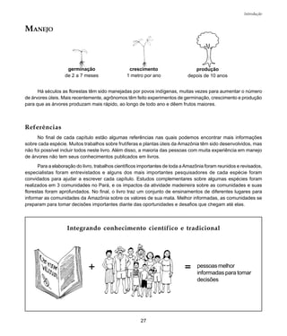 27
Introdução
germinação
de 2 a 7 meses
crescimento
1 metro por ano
produção
depois de 10 anos
Há séculos as florestas têm sido manejadas por povos indígenas, muitas vezes para aumentar o número
de árvores úteis. Mais recentemente, agrônomos têm feito experimentos de germinação, crescimento e produção
para que as árvores produzam mais rápido, ao longo de todo ano e dêem frutos maiores.
MANEJO
Referências
No final de cada capítulo estão algumas referências nas quais podemos encontrar mais informações
sobre cada espécie. Muitos trabalhos sobre frutíferas e plantas úteis da Amazônia têm sido desenvolvidos, mas
não foi possível incluir todos neste livro. Além disso, a maioria das pessoas com muita experiência em manejo
de árvores não tem seus conhecimentos publicados em livros.
Para a elaboração do livro, trabalhos científicos importantes de toda aAmazônia foram reunidos e revisados,
especialistas foram entrevistados e alguns dos mais importantes pesquisadores de cada espécie foram
convidados para ajudar a escrever cada capítulo. Estudos complementares sobre algumas espécies foram
realizados em 3 comunidades no Pará, e os impactos da atividade madeireira sobre as comunidades e suas
florestas foram aprofundados. No final, o livro traz um conjunto de ensinamentos de diferentes lugares para
informar as comunidades da Amazônia sobre os valores de sua mata. Melhor informadas, as comunidades se
preparam para tomar decisões importantes diante das oportunidades e desafios que chegam até elas.
+
Integrando conhecimento científico e tradicional
= pessoasmelhor
informadas para tomar
decisões
 