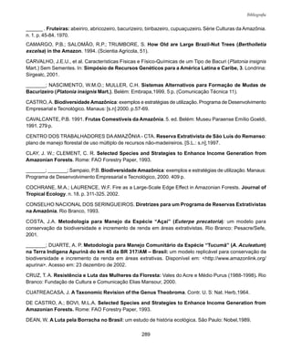 289
Bibliografia
______ . Fruteiras: abeiriro, abricozeiro, bacurizeiro, biribazeiro, cupuaçuzeiro. Série Culturas da Amazônia.
n. 1. p. 45-84. 1970.
CAMARGO, P.B.; SALOMÃO, R.P.; TRUMBORE, S. How Old are Large Brazil-Nut Trees (Bertholletia
excelsa) in the Amazon. 1994. (Scientia Agricola, 51).
CARVALHO, J.E.U., et al. Características Físicas e Físico-Químicas de um Tipo de Bacuri (Platonia insignis
Mart.) Sem Sementes. In: Simpósio de Recursos Genéticos para a América Latina e Caribe, 3. Londrina:
Sirgealc, 2001.
_______; NASCIMENTO, W.M.O.; MULLER, C.H. Sistemas Alternativos para Formação de Mudas de
Bacurizeiro (Platonia insignis Mart.). Belém: Embrapa,1999. 5 p. (Comunicação Técnica 11).
CASTRO,A. Biodiversidade Amazônica: exemplos e estratégias de utilização. Programa de Desenvolvimento
Empresarial e Tecnológico. Manaus: [s.n] 2000. p.57-69.
CAVALCANTE, P.B. 1991. Frutas Comestíveis da Amazônia. 5. ed. Belém: Museu Paraense Emílio Goeldi,
1991. 279 p.
CENTRO DOS TRABALHADORES DAAMAZÔNIA - CTA. Reserva Extrativista de São Luís do Remanso:
plano de manejo florestal de uso múltiplo de recursos não-madeireiros. [S.L.: s.n],1997.
CLAY, J. W.; CLEMENT, C. R. Selected Species and Strategies to Enhance Income Generation from
Amazonian Forests. Rome: FAO Forestry Paper, 1993.
_______; _______; Sampaio, P.B. Biodiversidade Amazônica: exemplos e estratégias de utilização. Manaus:
Programa de Desenvolvimento Empresarial e Tecnológico, 2000. 409 p.
COCHRANE, M.A.; LAURENCE, W.F. Fire as a Large-Scale Edge Effect in Amazonian Forests. Journal of
Tropical Ecology. n. 18. p. 311-325. 2002.
CONSELHO NACIONAL DOS SERINGUEIROS. Diretrizes para um Programa de Reservas Extrativistas
na Amazônia. Rio Branco, 1993.
COSTA, J.A. Metodologia para Manejo da Espécie “Açaí” (Euterpe precatoria): um modelo para
conservação da biodiversidade e incremento de renda em áreas extrativistas. Rio Branco: Pesacre/Sefe,
2001.
_______; DUARTE, A. P. Metodologia para Manejo Comunitário da Espécie “Tucumã” (A. Aculeatum)
na Terra Indígena Apurinã do km 45 da BR 317/AM – Brasil: um modelo replicável para conservação da
biodiversidade e incremento da renda em áreas extrativas. Disponível em: <http://www.amazonlink.org/
apurina>. Acesso em: 23 dezembro de 2002.
CRUZ, T. A. Resistência e Luta das Mulheres da Floresta: Vales do Acre e Médio Purus (1988-1998). Rio
Branco: Fundação de Cultura e Comunicação Elias Mansour, 2000.
CUATREACASA, J. A Taxonomic Revision of the Genus Theobroma. Contr. U. S: Nat. Herb,1964.
DE CASTRO, A.; BOVI, M.L.A. Selected Species and Strategies to Enhance Income Generation from
Amazonian Forests. Rome: FAO Forestry Paper, 1993.
DEAN, W. A Luta pela Borracha no Brasil: um estudo de história ecológica. São Paulo: Nobel,1989.
 