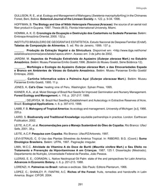 291
Bibliografia
GULLISON, R. E., et al. Ecology and Management of Mahogany (Swietenia macrophylla King) in the Chimanes
Forest, Beni, Bolivia. Botanical Journal of the Linnean Society. n. 122. p. 9-34. 1996.
HOFFMAN, B. The Biology and Use of Nibbi Heteropsis Flexuosa (Araceae): the source of an aerial root
fiber product in Guyana. 1997. Thesis (M.S). Florida International University, Miami.
HOMMA, A. K. O. Cronologia da Ocupação e Destruição dos Castanhais no Sudeste Paraense. Belém:
Embrapa Amazônia Oriental, 2000. 132 p.
INSTITUTO BRASILEIRO DE GEOGRAFIA E ESTATÍSTICA. Estudo Nacional de Despesa Familiar (Endef).
Tabelas de Composição de Alimentos. 5. ed. Rio de Janeiro, 1999. 137 p.
______. Produção da Extração Vegetal e da Silvicultura. Disponível em: <http://www.ibge.net/home/
estatística/economia/pevs/tabela1apevs.shtm>. Acesso em: 3 de julho de 2002.
JARDIM, M. Aspectos da Produção Extrativista do Açaizeiro (Euterpe oleracea Mart.) no Estuário
Amazônico. Belém: Museu Paraense Emílio Goeldi,1996. (Boletim do Museu Goeldi, Série Botânica 12).
_______. Morfologia e Ecologia do Açaizeiro Euterpe oleracea Mart. e das Etnovariedades Espada
e Branco em Ambientes de Várzea do Estuário Amazônico. Belém: Museu Paraense Emílio Goeldi/
Embrapa, 2000.
_______. Cartinha Informativa sobre a Palmeira Açaí (Euterpe oleraceae Mart.). Belém: Museu
Paraense Emílio Goeldi, 1995. 11 p.
JONES, K. Cat’s Claw: healing vine of Peru. Washington: Sylvan Press, 1995.
KAINER, K.A., et al. Moist Storage of Brazil Nut Seeds for Improved Germination and Nursery Management.
Forest Ecology and Management. n. 116. p. 207-217. 1999.
_______; DEURYEA, M. Brazil Nut Seedling Establishment and Autecology in Extractive Reserves of Acre,
Brazil. Ecological Applications. n. 8. p. 397-410. 1998.
LAMB, F. B. Mahogany of Tropical America: its ecology and management. University of Michigan: [s.l], 1966.
220 p.
LAIRD, S. Biodiversity and Traditional Knowledge: equitable partnerships in practice. London: Earthscan
Publication, 2002.
LEITE, A.C.P., et al. Recomendações para o Manejo Sustentável do Óleo de Copaíba. Rio Branco: Ufac/
Sefe, 2001. 38 p.
LEITE, A.C.P. Pesquisa com Copaíba. Rio Branco: Ufac/PZ/Arboreto, 1997.
LEVI-STRAUS, C. O Uso das Plantas Silvestres da América Tropical. In: RIBEIRO, B.G. (Coord.) Suma
Etnológica Brasileira. Belém: UFPA, 1997. Paginação irregular.
LIMA, M.C.C. Atividade de Vitamina A do Doce de Buriti (Mauritia vinifera Mart.) e Seu Efeito no
Tratamento e Prevenção da Hipovitaminose A em Crianças. 1987. 125 f. Dissertação (Mestrado).
Departamento de Nutrição, Universidade Federal da Paraíba, João Pessoa.
LLERAS, E. E.; CORADIN, L. Native Neotropical Oil Palm: state of the and perspectives for Latin America.
Advances in Economic Botany. n. 6. p. 201-213. 1988.
LORENZI, H. Palmeiras no Brasil: nativas e exóticas. São Paulo: Editora Plantarum, 1966.
LOPEZ, C.; SHANLEY, P.; FANTINI, A.C. Riches of the Forest: fruits, remedies and handcrafts in Latin
America. Bogor: CIFOR. 2004.
 