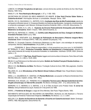 292
Frutíferas e Plantas Úteis na Vida Amazônica
LÜBECK, W. O Poder Terapêutico do Ipê-roxo: a árvore divina dos xamãs da América do Sul. São Paulo:
Madras, 1995.124 p.
MAAS, P. J. M. Flora Neotropica Monograph. n. 57. p. 1-188. 1992.
SECRETARIA DE ESTADO DO MEIO AMBIENTE DO AMAPÁ. O Que Você Precisa Saber Sobre a
Castanha-do-brasil: informações técnicas a curiosidades. Macapá: Sema, 1997.
MACIEL, R.C.G.; SALDANHA, C.L.; BATISTA, G.E.A. Avaliação das Ilhas de Alta Produtividade: plantio de
seringueira na floresta natural. In: Congresso Brasileiro de Sistemas Agroflorestais: manejando a biodiversidade
e compondo a paisagem rural. Manaus: Embrapa Amazônia Ocidental, 2000. p. 433-435. (Documentos, 7).
MARTINI, A.; ROSA, N. A.; UHL, C. Espécies de Árvores Potencialmente Ameaçadas pela Atividade
Madeireira na Amazônia. Belém: Imazon, 1998. (Série Amazônia, 2).
MATTOS, M.; NEPSTAD, D.; VIEIRA, I. C. Cartilha sobre Mapeamento de Área, Cubagem de Madeira e
Inventário Florestal. Belém: [s.n], 1992.
MAUÉS, M.M.; VENTUIERI, G.C. Ecologia da Polinização do Bacurizeiro (Platonia insignis Mart.)
Clusiaceae. Belém: Embrapa-CPATU, 1996. 24 p. (Boletim de pesquisa, 170).
MEDINA, G. Ocupação Cabocla e Extrativismo Madeireiro no Alto Capim: uma estratégia de reprodução
camponesa. Manaus: Acta Amazônica. 34 (2) 2004. p. 309-318.
_______; FERREIRA, S. Bacuri (Platonia insignis Mart.): o fruto amazônico que virou ouro. In: ALEXIADES,
M.; SHANLEY, P. (eds.). Productos Forestales, Medios de Subsistencia y Conservación: estudios de
caso sobre sistemas de manejo de productos forestales no maderables. Indonesia: CIFOR, 2004. (America
Latina, v. 3).
_______; SHANLEY, P. Big Trees, Small Favors: loggers and communities inAmazonia. Paris: Bois et Forêts
des Tropiques. v. 4, n. 282. p. 19-25. 2004.
MEJIA, K. Las Palmeras en los Mercados de Iquitos. Bulletin de l’Institut Français D’études Andines. v. 2,
n. 21. p. 755-769. 1992.
MELO, H.H. Os Mistérios da Mata. Rio Branco: Fundação Cultural do Acre,1989. Não paginado. (Cartilha
Popular, 4)
MILLIKEN, W., et al. Ethnobotany of the Waimiri Atroari Indians of Brazil. Kew: Royal Botanic Gardens,
1992.146 p.
MING, L. C.; GAUDÊNCIO, P. ; SANTOS, V.P. Plantas Medicinais: uso popular na Reserva Extrativista Chico
Mendes. Botucatu: Ceplam, Unesp, 1997. 165 p.
MIRANDA, E.M.; SOUZA, J.A.; PEREIRA, R.C.A. Subsídios Técnicos para o Manejo Sustentável da Unha-
de-gato (Uncaria spp.) no Vale do Rio Juruá-AC. Rio Branco: Embrapa, 2001. 21 p. (Documentos, 68).
MOREIRA, G. C.; MORAIS, A. V.; MATIAS, J. G. N. O Óleo de Buriti como Protetor Solar. O Jornal da
Ciência. www.jornaldaciencia.org.br. Acesso em: 8 de janeiro de 1998.
MORO, J. Fronteiras de Sangue: a saga de Chico Mendes. São Paulo: Página Aberta, 1993.
MOVIMENTO ARTICULADO DE MULHERES DA AMAZÔNIA. Mulheres da UNI Realizam a Terceira
Capacitação de Parteiras Tradicionais Indígenas. InforMama, Rio Branco. v. 2, n. 3. 2001.
MÜLLER, C.H. Quebra da Dormência da Semente e Enxertia em Castanha-do-brasil. Belém: Embrapa-
CPATU, 1982. Não paginado. (Documentos 16).
 