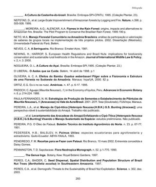 293
Bibliografia
______. A Cultura da Castanha-do-brasil. Brasília: Embrapa-SPI-CPATU, 1995. (Coleção Plantar, 23).
NEPSTAD, D., et al. Large-Scale Impoverishment of Amazonian forests by Logging and Fire. Nature. n.398. p.
505-508. 1999.
_______; MOREIRA, A.G.; ALENCAR, A.A. Flames in the Rain Forest: origins, impacts and alternatives to
Amazonian fire. Brasília: The Pilot Program to Conserve the Brazilian Rain Forest, 1999.190 p.
NETO, M.A. Manejo Florestal Comunitário na Amazônia Brasileira: análise da participação e valorização
de saberes de grupos locais na implementação de três projetos pilotos. 2002. Dissertação (Mestrado).
Universidade Federal do Pará, Belém.
NEVES, C. A. A Seringueira. Rio Branco: Emater-Acre, 1981.
NEWING, H.; HARROP, S. European Health Regulations and Brazil Nuts: implications for biodiversity
conservation and sustainable rural livelihoods in the Amazon. Journal of International Widlife Law & Policy.
v. 2, n. 3. 2000.
NOGUEIRA, O. L. A Cultura do Açaí. Brasília: Embrapa-SPI,1995. (Coleção Plantar, 23.)
O LIBERAL. O Aedes que se Cuide. Belém, 14 abril de 1998. p.1
OLIVEIRA, A. C. A. Efeitos do Bambu Guadua weberbaueri Pilger sobre a Fisionomia e Estrutura
de uma Floresta no Sudoeste da Amazônia. Manaus: Inpa/UA, 2000. 82 p.
ORTIZ, E.G. Es o no es nuez. Américas. n. 47. p. 6-17. 1995.
PADOCH, C.Aguaje (Mauritia flexuosa L. f.) in the Economy of Iquitos, Peru. Advances in Economic Botany
n. 6. p. 214-224. 1988.
PAULA-FERNANDES, N. M. Estratégias de Produção de Sementes e Estabelecimento de Plântulas de
Mauritia flexuosa L. f. (Arecaceae) no Vale doAcre/Brasil. 2001. 207f. Tese (Doutorado). FUA/Inpa, Manaus.
PEREIRA, L.A., et al. Manejo de Cipó-titica [Heteropis flexuosa (H.B.K.) G.S. Bunting (Araceae)]: uma
perspectiva viável à sustentabilidade do Amapá. Trabalho não publicado.
_______, et al. Levantamento das Aracadeae do Amapá Enfatizando o Cipó-Titica [Heteropsis flexuosa
(H.B.K.) G.S.Bunting] Visando o Manejo Sustentado da Espécie: estudos preliminares. Não publicado.
PEREIRA, P.G. O Óleo de Patauá. Boletim Técnico do Instituto Agronômico do Norte. n. 23. p. 67-77.
1951.
PEDERSEN, H.B.; BALSLEV, H. Palmas Utiles: especies ecuatorianas para agroforestería y
extractivismo. Quito-Ecuador: ABYA-YAALA, 1993.
PENEIREDO, F. M. Receitas para se Fazer com Patauá. Rio Branco, 10 maio 2002. Entrevista concedida a
Daisy Gomes.
PENNINGTON, T. D. Sapotaceae. Flora Neotropica Monograph. n. 52. p.1-770. 1990.
_______. The Genus Inga. Botany, Kew: Royal Botanic Gardens, 1997.
PERES, C.A.; BAIDER, C. Seed Dispersal, Spatial Distribution and Population Structure of Brazil
Nut Trees (Bertholletia excelsa) in Southeastern Amazonia. 1997.
PERES, C.A., et al. Demografic Threats to the Sustainability of Brazil Nut Exploitation. Science. v. 302, dez.
2003.
 