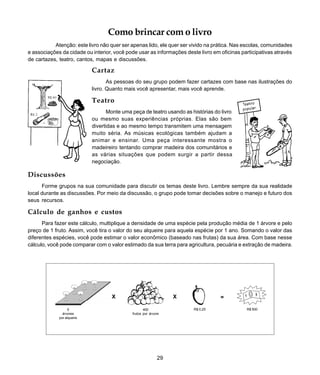 29
Introdução
X X =
5
árvores
por alqueire
400
frutos por árvore
R$ 0,25 R$ 500
Como brincar com o livro
Atenção: este livro não quer ser apenas lido, ele quer ser vivido na prática. Nas escolas, comunidades
e associações da cidade ou interior, você pode usar as informações deste livro em oficinas participativas através
de cartazes, teatro, cantos, mapas e discussões.
Cartaz
As pessoas do seu grupo podem fazer cartazes com base nas ilustrações do
livro. Quanto mais você apresentar, mais você aprende.
Teatro
Monte uma peça de teatro usando as histórias do livro
ou mesmo suas experiências próprias. Elas são bem
divertidas e ao mesmo tempo transmitem uma mensagem
muito séria. As músicas ecológicas também ajudam a
animar e ensinar. Uma peça interessante mostra o
madeireiro tentando comprar madeira dos comunitários e
as várias situações que podem surgir a partir dessa
negociação.
Discussões
Forme grupos na sua comunidade para discutir os temas deste livro. Lembre sempre da sua realidade
local durante as discussões. Por meio da discussão, o grupo pode tomar decisões sobre o manejo e futuro dos
seus recursos.
Cálculo de ganhos e custos
Para fazer este cálculo, multiplique a densidade de uma espécie pela produção média de 1 árvore e pelo
preço de 1 fruto. Assim, você tira o valor do seu alqueire para aquela espécie por 1 ano. Somando o valor das
diferentes espécies, você pode estimar o valor econômico (baseado nas frutas) da sua área. Com base nesse
cálculo, você pode comparar com o valor estimado da sua terra para agricultura, pecuária e extração de madeira.
 