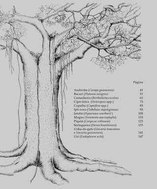 Página
Andiroba (Carapa guianensis) 41
Bacuri (Platonia insignis) 51
Castanheira (Bertholletia excelsa) 61
Cipó-titica (Heteropsis spp.) 75
Copaíba (Copaifera spp.) 85
Ipê–roxo (Tabebuia impetiginosa) 95
Jatobá (Hymenaea courbaril ) 105
Mogno (Swietenia macrophylla) 115
Piquiá (Caryocar villosum) 123
Seringueira (Hevea brasiliensis) 133
Unha-de-gato (Uncaria tomentosa
e Uncaria guianensis) 141
Uxi (Endopleura uchi) 147
 