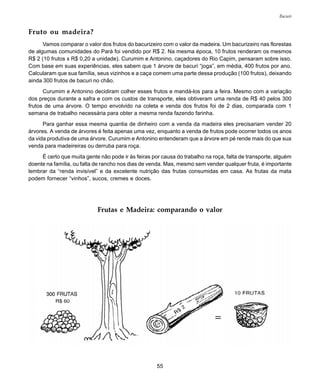 55
Bacuri
Fruto ou madeira?
Vamos comparar o valor dos frutos do bacurizeiro com o valor da madeira. Um bacurizeiro nas florestas
de algumas comunidades do Pará foi vendido por R$ 2. Na mesma época, 10 frutos renderam os mesmos
R$ 2 (10 frutos x R$ 0,20 a unidade). Curumim e Antonino, caçadores do Rio Capim, pensaram sobre isso.
Com base em suas experiências, eles sabem que 1 árvore de bacuri “joga”, em média, 400 frutos por ano.
Calcularam que sua família, seus vizinhos e a caça comem uma parte dessa produção (100 frutos), deixando
ainda 300 frutos de bacuri no chão.
Curumim e Antonino decidiram colher esses frutos e mandá-los para a feira. Mesmo com a variação
dos preços durante a safra e com os custos de transporte, eles obtiveram uma renda de R$ 40 pelos 300
frutos de uma árvore. O tempo envolvido na coleta e venda dos frutos foi de 2 dias, comparada com 1
semana de trabalho necessária para obter a mesma renda fazendo farinha.
Para ganhar essa mesma quantia de dinheiro com a venda da madeira eles precisariam vender 20
árvores. A venda de árvores é feita apenas uma vez, enquanto a venda de frutos pode ocorrer todos os anos
da vida produtiva de uma árvore. Curumim e Antonino entenderam que a árvore em pé rende mais do que sua
venda para madeireiras ou derruba para roça.
É certo que muita gente não pode ir às feiras por causa do trabalho na roça, falta de transporte, alguém
doente na família, ou falta de rancho nos dias de venda. Mas, mesmo sem vender qualquer fruta, é importante
lembrar da “renda invisível” e da excelente nutrição das frutas consumidas em casa. As frutas da mata
podem fornecer “vinhos”, sucos, cremes e doces.
Frutas e Madeira: comparando o valor
 