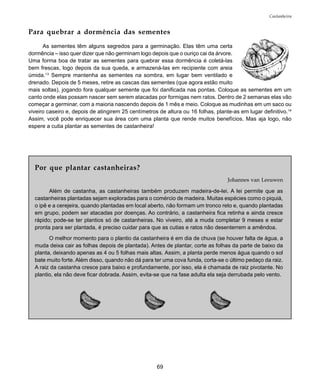 69
Castanheira
Para quebrar a dormência das sementes
As sementes têm alguns segredos para a germinação. Elas têm uma certa
dormência – isso quer dizer que não germinam logo depois que o ouriço cai da árvore.
Uma forma boa de tratar as sementes para quebrar essa dormência é coletá-las
bem frescas, logo depois da sua queda, e armazená-las em recipiente com areia
úmida.13
Sempre mantenha as sementes na sombra, em lugar bem ventilado e
drenado. Depois de 5 meses, retire as cascas das sementes (que agora estão muito
mais soltas), jogando fora qualquer semente que foi danificada nas pontas. Coloque as sementes em um
canto onde elas possam nascer sem serem atacadas por formigas nem ratos. Dentro de 2 semanas elas vão
começar a germinar, com a maioria nascendo depois de 1 mês e meio. Coloque as mudinhas em um saco ou
viveiro caseiro e, depois de atingirem 25 centímetros de altura ou 16 folhas, plante-as em lugar definitivo.14
Assim, você pode enriquecer sua área com uma planta que rende muitos benefícios. Mas aja logo, não
espere a cutia plantar as sementes de castanheira!
Por que plantar castanheiras?
Johannes van Leeuwen
Além de castanha, as castanheiras também produzem madeira-de-lei. A lei permite que as
castanheiras plantadas sejam exploradas para o comércio de madeira. Muitas espécies como o piquiá,
o ipê e a cerejeira, quando plantadas em local aberto, não formam um tronco reto e, quando plantadas
em grupo, podem ser atacadas por doenças. Ao contrário, a castanheira fica retinha e ainda cresce
rápido; pode-se ter plantios só de castanheiras. No viveiro, até a muda completar 9 meses e estar
pronta para ser plantada, é preciso cuidar para que as cutias e ratos não desenterrem a amêndoa.
O melhor momento para o plantio da castanheira é em dia de chuva (se houver falta de água, a
muda deixa cair as folhas depois de plantada). Antes de plantar, corte as folhas da parte de baixo da
planta, deixando apenas as 4 ou 5 folhas mais altas. Assim, a planta perde menos água quando o sol
bate muito forte. Além disso, quando não dá para ter uma cova funda, corta-se o último pedaço da raiz.
A raiz da castanha cresce para baixo e profundamente, por isso, ela é chamada de raiz pivotante. No
plantio, ela não deve ficar dobrada. Assim, evita-se que na fase adulta ela seja derrubada pelo vento.
 