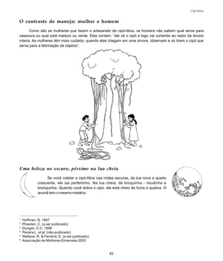 83
Cipó-titica
1
Hoffman, B. 1997
2
Plowden, C. (a ser publicado)
3
Durigan, C.C. 1998
4
Pereira L. et al. (não-publicado)
5
Wallace, R. & Ferreira, E. (a ser publicado)
6
Associação de Mulheres Emanuela 2003
O contraste de manejo: mulher e homem
Como são as mulheres que fazem o artesanato de cipó-titica, os homens não sabem qual serve para
vassoura ou qual está maduro ou verde. Elas contam: “ele vê o cipó e logo vai cortando ao redor da árvore
inteira. As mulheres têm mais cuidado; quando elas chegam em uma árvore, observam e só tiram o cipó que
serve para a fabricação de objetos”.
Uma beleza no escuro, péssimo na lua cheia
Se você coletar o cipó-titica nas noites escuras, da lua nova a quarto
crescente, ele sai perfeitinho. Na lua cheia, dá broquinha - miudinha e
branquinha. Quando você dobra o cipó, ele está cheio de furos e quebra. O
arumã tem o mesmo mistério.
 