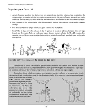 98
Frutíferas e Plantas Úteis na Vida Amazônica
Estudo sobre a extração de casca de ipê-roxo
A exploração da casca e madeira de ipê-roxo tem aumentado nos últimos anos. Porém, existem
poucas pesquisas avaliando seu impacto nas árvores. Para gerar informações mínimas sobre a exploração
da casca do ipê-roxo, o Governo do Acre promoveu um estudo sobre a sua regeneração.
Os objetivos desse estudo eram saber como a casca regenera melhor e se a regeneração é mais
rápida quando a árvore é mais grossa. Ainda não existem dados de longo prazo, mas os pesquisadores já
observaram que a casca de ipê-
roxo possui um elevado
potencial de regeneração, pois,
em 2 anos, 40% a 50% da casca
se recuperou. No Acre, os
extratores de casca não
possuem um método adequado
de exploração, por isso muitas
árvores estão ameaçadas pela
intensidade e forma de coleta.
Segredos para fazer chá
• Jamais ferva ou guarde o chá de ipê-roxo em recipiente de alumínio, estanho, lata ou plástico. Os
metais entram em reação química com vários componentes do chá quando fervido, alterando seu efeito
medicinal. Recipientes como vidro, cerâmica, porcelana, barro, ferro fundido ou aço são mais apropriados.
• Não conserve o chá no recipiente onde foi preparado, pois as partículas da casca podem deixá-lo
amargo.
• Não deixe o chá muito tempo em infusão, pois o aroma fica muito forte.
• Para 1 litro de água fervente, coloque de 5 a 10 gramas de casca de ipê-roxo, tampe e deixe em fogo
brando por 5 minutos. Retire a vasilha do fogo e deixe o chá em infusão de 15 a 20 minutos. Em
seguida, coe o chá com uma peneira diretamente no recipiente que ficará guardado para ser tomado
aos poucos.
 