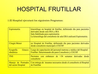HOSPITAL FRUTILLAR <ul><li>El Hospital ejecutará los siguientes Programas: </li></ul>Espirometría kinesiólogo en hospital ...