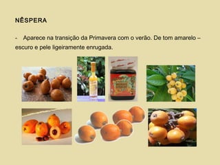 NÊSPERA
- Aparece na transição da Primavera com o verão. De tom amarelo –
escuro e pele ligeiramente enrugada.
 