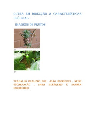 outra em direcção a características
próprias.

 Imagens de frutos




Trabalho realizdo por João Rodrigues , NEISE
ENCARNAÇÃO , SARA GUERREIRO E SANDRA
GUERRERIRO
 