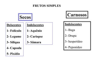 FRUTOS SIMPLES

Secos

Carnosos

Deiscentes

Indeiscentes

Indeiscentes

1- Folículo

1- Aquênio

1- Baga

2- Legume

2- Cariopse

2- Drupa

3- Síliqua

3- Sâmara

3- hesperídeo

4- Capsula
5- Pixídio

4- Peponídeo

 