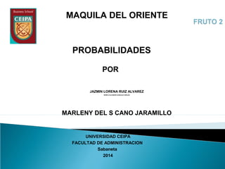 MONICA ALEJANDRA GONZALEZ GIRALDO
UNIVERSIDAD CEIPA
FACULTAD DE ADMINISTRACION
Sabaneta
2014
MAQUILA DEL ORIENTE
POR
MARLENY DEL S CANO JARAMILLO
JAZMIN LORENA RUIZ ALVAREZ
PROBABILIDADES
 