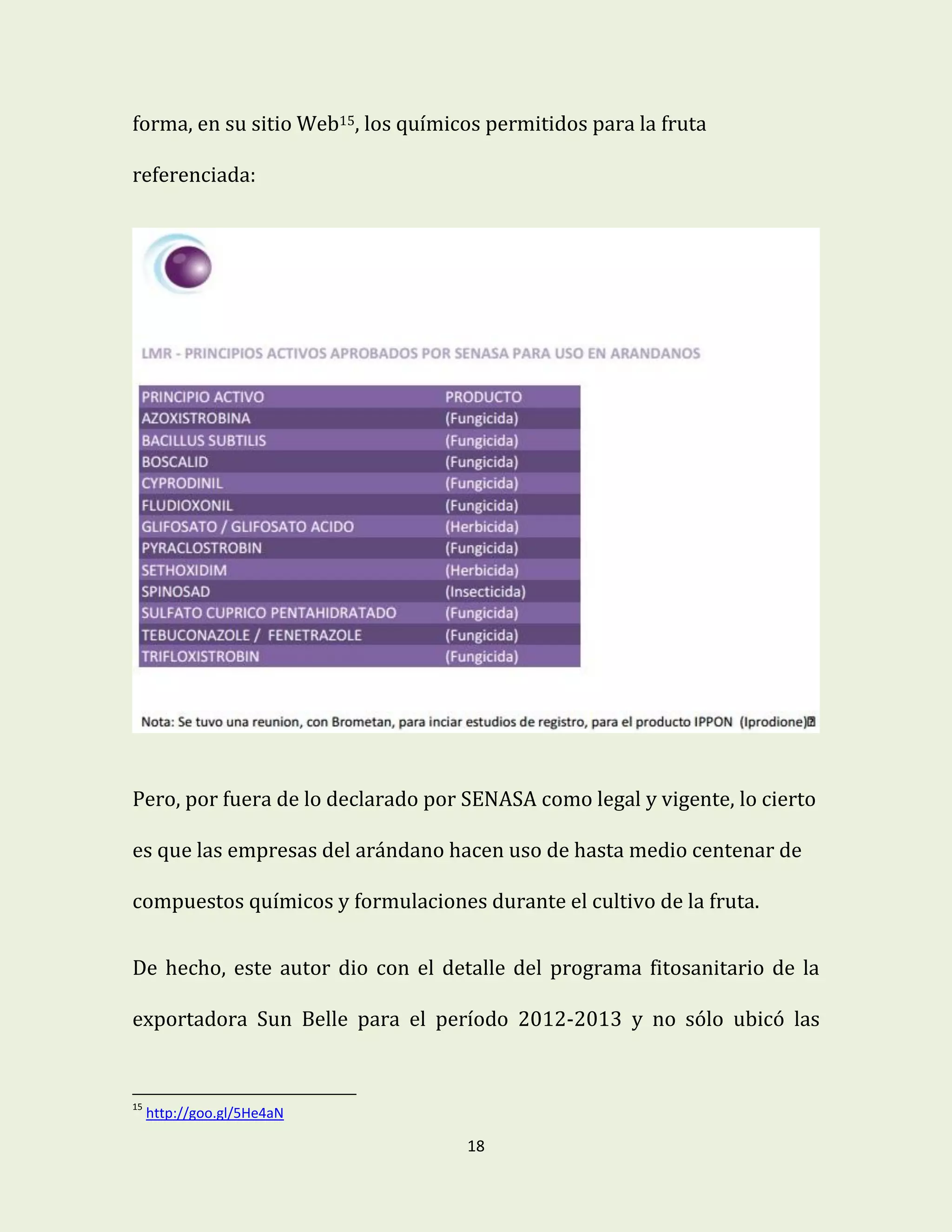 18
forma, en su sitio Web15, los químicos permitidos para la fruta
referenciada:
Pero, por fuera de lo declarado por SENASA como legal y vigente, lo cierto
es que las empresas del arándano hacen uso de hasta medio centenar de
compuestos químicos y formulaciones durante el cultivo de la fruta.
De hecho, este autor dio con el detalle del programa fitosanitario de la
exportadora Sun Belle para el período 2012-2013 y no sólo ubicó las
15
http://goo.gl/5He4aN
 