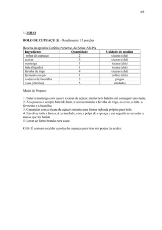 102




1. BOLO

BOLO DE CUPUAÇU (I) – Rendimento: 15 porções

Receita da apostila Cozinha Paraense, do Senac AR-PA
 Ingrediente                        Quantidade                Unidade de medida
  polpa de cupuaçu                        2                      xícaras (chá)
 açúcar                                   5                      xícaras (chá)
 manteiga                                 1                      xícara (chá)
 leite (líquido)                          1                      xícara (chá)
 farinha de trigo                         4                      xícaras (chá)
 fermento em pó                           1                      colher (chá)
 essência de baunilha                     3                         pingos
 ovos (inteiros)                          5                        unidades

Modo de Preparo:

1. Bater a manteiga com quatro xícaras de açúcar, muito bem batidos até conseguir um creme.
2. Aos poucos e sempre batendo bem, ir acrescentando a farinha de trigo, os ovos, o leite, o
fermento e a baunilha.
3. Caramelar com a xícara de açúcar restante uma forma redonda própria para bolo.
4. Envolver toda a forma já caramelada, com a polpa do cupuaçu e em seguida acrescentar a
massa que foi batida.
5. Levar ao forno brando para assar.

OBS: É comum escaldar a polpa do cupuaçu para tirar um pouco da acidez.
 
