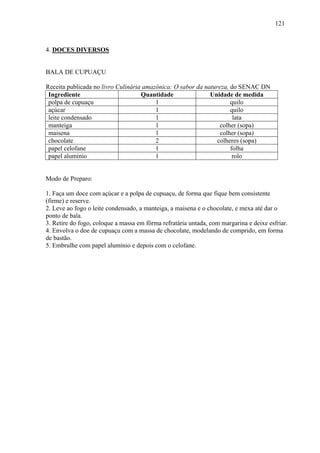 121



4. DOCES DIVERSOS


BALA DE CUPUAÇU

Receita publicada no livro Culinária amazônica: O sabor da natureza, do SENAC DN
 Ingrediente                        Quantidade               Unidade de medida
 polpa de cupuaçu                        1                           quilo
 açúcar                                  1                           quilo
 leite condensado                        1                            lata
 manteiga                                1                       colher (sopa)
 maisena                                 1                       colher (sopa)
 chocolate                               2                      colheres (sopa)
 papel celofane                          1                           folha
 papel alumínio                          1                            rolo


Modo de Preparo:

1. Faça um doce com açúcar e a polpa de cupuaçu, de forma que fique bem consistente
(firme) e reserve.
2. Leve ao fogo o leite condensado, a manteiga, a maisena e o chocolate, e mexa até dar o
ponto de bala.
3. Retire do fogo, coloque a massa em fôrma refratária untada, com margarina e deixe esfriar.
4. Envolva o doe de cupuaçu com a massa de chocolate, modelando de comprido, em forma
de bastão.
5. Embrulhe com papel alumínio e depois com o celofane.
 