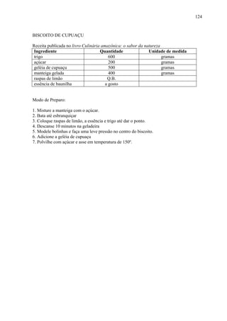 124



BISCOITO DE CUPUAÇU

Receita publicada no livro Culinária amazônica: o sabor da natureza
 Ingrediente                        Quantidade               Unidade de medida
 trigo                                   600                        gramas
 açúcar                                  200                        gramas
 geléia de cupuaçu                       500                        gramas
 manteiga gelada                         400                        gramas
 raspas de limão                        Q.B.
 essência de baunilha                  a gosto


Modo de Preparo:

1. Misture a manteiga com o açúcar.
2. Bata até esbranquiçar
3. Coloque raspas de limão, a essência e trigo até dar o ponto.
4. Descanse 10 minutos na geladeira
5. Modele bolinhas e faça uma leve pressão no centro do biscoito.
6. Adicione a geléia de cupuaçu
7. Polvilhe com açúcar e asse em temperatura de 150º.
 