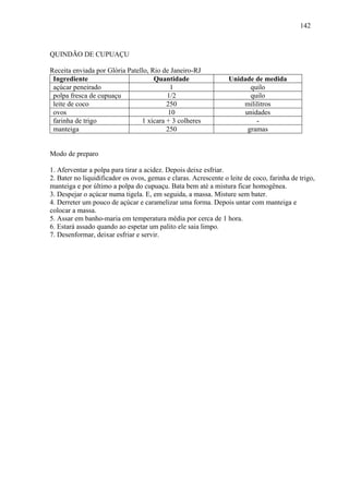 142



QUINDÃO DE CUPUAÇU

Receita enviada por Glória Patello, Rio de Janeiro-RJ
 Ingrediente                         Quantidade                  Unidade de medida
 açúcar peneirado                          1                            quilo
 polpa fresca de cupuaçu                 1/2                            quilo
 leite de coco                           250                         mililitros
 ovos                                     10                          unidades
 farinha de trigo               1 xícara + 3 colheres                     -
 manteiga                                250                           gramas


Modo de preparo

1. Aferventar a polpa para tirar a acidez. Depois deixe esfriar.
2. Bater no liquidificador os ovos, gemas e claras. Acrescente o leite de coco, farinha de trigo,
manteiga e por último a polpa do cupuaçu. Bata bem até a mistura ficar homogênea.
3. Despejar o açúcar numa tigela. E, em seguida, a massa. Misture sem bater.
4. Derreter um pouco de açúcar e caramelizar uma forma. Depois untar com manteiga e
colocar a massa.
5. Assar em banho-maria em temperatura média por cerca de 1 hora.
6. Estará assado quando ao espetar um palito ele saia limpo.
7. Desenformar, deixar esfriar e servir.
 