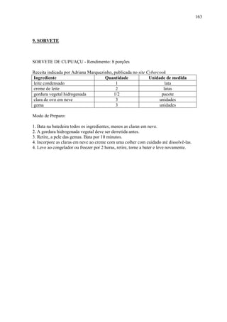 163




9. SORVETE



SORVETE DE CUPUAÇU - Rendimento: 8 porções

Receita indicada por Adriana Marquezinho, publicada no site Cybercook
Ingrediente                          Quantidade              Unidade de medida
leite condensado                           1                         lata
creme de leite                             2                        latas
gordura vegetal hidrogenada               1/2                      pacote
clara de ovo em neve                       3                      unidades
gema                                       3                      unidades

Modo de Preparo:

1. Bata na batedeira todos os ingredientes, menos as claras em neve.
2. A gordura hidrogenada vegetal deve ser derretida antes.
3. Retire, a pele das gemas. Bata por 10 minutos.
4. Incorpore as claras em neve ao creme com uma colher com cuidado até dissolvê-las.
4. Leve ao congelador ou freezer por 2 horas, retire, torne a bater e leve novamente.
 