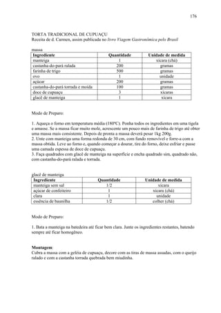 176



TORTA TRADICIONAL DE CUPUAÇU
Receita de d. Carmen, assim publicada no livro Viagem Gastronômica pelo Brasil

massa
Ingrediente                                Quantidade             Unidade de medida
manteiga                                       1                     xícara (chá)
castanha-do-pará ralada                       200                      gramas
farinha de trigo                              500                      gramas
ovo                                            1                       unidade
açúcar                                        200                      gramas
castanha-do-pará torrada e moída              100                      gramas
doce de cupuaçu                                3                       xícaras
glacê de manteiga                              1                        xícara


Modo de Preparo:

1. Aqueça o forno em temperatura média (180ºC). Ponha todos os ingredientes em uma tigela
e amasse. Se a massa ficar muito mole, acrescente um pouco mais de farinha de trigo até obter
uma massa mais consistente. Depois de pronta a massa deverá pesar 1kg 200g.
2. Unte com manteiga uma forma redonda de 30 cm, com fundo removível e forre-a com a
massa obtida. Leve ao forno e, quando começar a dourar, tire do forno, deixe esfriar e passe
uma camada espessa de doce de cupuaçu.
3. Faça quadrados com glacê de manteiga na superfície e encha quadrado sim, quadrado não,
com castanha-do-pará ralada e torrada.


glacê de manteiga
 Ingrediente                         Quantidade                 Unidade de medida
 manteiga sem sal                       1/2                           xícara
 açúcar de confeiteiro                   1                         xícara (chá)
 clara                                   1                           unidade
 essência de baunilha                   1/2                        colher (chá)


Modo de Preparo:

1. Bata a manteiga na batedeira até ficar bem clara. Junte os ingredientes restantes, batendo
sempre até ficar homogêneo.


Montagem:
Cubra a massa com a geléia de cupuaçu, decore com as tiras de massa assadas, com o queijo
ralado e com a castanha torrada quebrada bem miudinha.
 