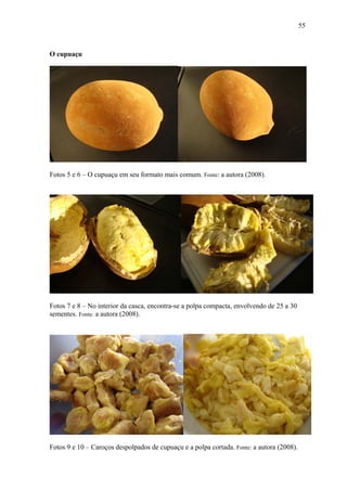 55



O cupuaçu




Fotos 5 e 6 – O cupuaçu em seu formato mais comum. Fonte: a autora (2008).




Fotos 7 e 8 – No interior da casca, encontra-se a polpa compacta, envolvendo de 25 a 30
sementes. Fonte: a autora (2008).




Fotos 9 e 10 – Caroços despolpados de cupuaçu e a polpa cortada. Fonte: a autora (2008).
 