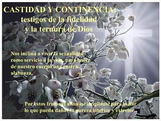 CASTIDAD Y CONTINENCIA:
   testigos de la fidelidad
    y la ternura de Dios

 Nos inclina a vivir la sexualidad
 como servicio a la vida, para hacer
 de nuestro cuerpo una entera
 alabanza.




       Por estos frutos el alma está vigilante para evitar
       lo que pueda dañar la pureza interior y exterior.
 