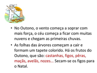 No Outono, o vento começa a soprar com mais força, o céu começa a ficar com muitas nuvens e chegam as primeiras chuvas. As folhas das árvores começam a cair e formam um tapete colorido. Há os frutos do Outono, que são:  castanhas, figos, pêras, maçãs, avelãs, nozes...  Secam-se os figos para o Natal.  