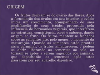 ORIGEM
    Os frutos derivam-se do ovário das flores. Após
 a fecundação dos óvulos em seu interior, o ovário
 inicia um crescimento, acompanhado de uma
 modificação de seus tecidos provocada pela
 influência de hormônios vegetais, que interferem
 na estrutura, consistência, cores e sabores, dando
 origem ao fruto. Os frutos mantêm-se fechados
 sobre as sementes até, pelo menos, o momento da
 maturação. Quando as sementes estão prontas
 para germinar, os frutos amadurecem, e podem
 se abrir, liberando as sementes ao solo, ou
 tornam-se aptos a serem ingeridos por animais,
 que depositarão as sementes após estas
 passarem por seu aparelho digestivo.
 
