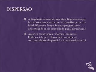 DISPERSÃO
      A dispersão ocorre por agentes dispersores que
       fazem com que a semente se transfira para um
       local diferente, longe de seus progenitores,
       encontrando meio apropriado para germinação.
      Agentes dispersores: Zoocoria(animais),
       Hidrocoria(água), Barocoria(gravidade)
       Autocoria(auto-dispersão) e Anemocoria(vento).
 