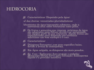 HIDROCORIA
      Características: Dispersão pela água:
     a) das chuvas -enxurradas pluviobalísticos;
     b)correntes de água:transporte submerso, onde a
         correnteza atua sobre estruturas como pêlos.
      Os frutos e sementes que crescem próximos da água
         são adaptados para flutuar devido o ar aprisionado
         em alguma parte da sua estrutura .Alguns frutos são
         especializados para dispersão por correntes
         marítimas um bom exemplo é o coco .
      Características:
      Diásporos flutuantes: com peso específico baixo,
       devido à leveza do endosperma.
      Em Água salgada, os diásporos são mais pesados.
      Ex. Coco : Endocarpo duro protege o embrião;
       Mesocarpo fibroso serve para flutuação; Endosperma
       líquido é a provisão nutritiva.
 