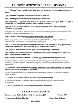 FRUTOS E SEMENTES DE ANGIOSPERMAS
Marque V para verdadeiro e F para falso nas seguintes afirmativas,justificando as
falsas.
1-( V ) O fruto é originário do ovário fecundado de uma flor.
2-( V ) O fruto geralmente é formado de pericarpo e semente.
3-( V ) O pericarpo originado do ovário da flor, que se desenvolve depois da fecundação, é
compostos por três partes: epicarpo, mesocarpo e endocarpo.
4-( F ) Os frutos que apresentam o pericarpo relativamente macio e suculento são
chamados frutos secos.
R- Os frutos com o pericarpo macio e suculento são chamados de frutos carnosos onde na maioria são
comestíveis, exemplo: manga, melancia, etc.
5-( F ) A maçã e o morango são considerados frutos verdadeiros.
R- Não, porque a sua porção carnosa se origina do receptáculo da flor e para que um fruto seja
verdadeiro deve ser originado do ovário fecundado de uma flor.
6-( V ) São considerados falsos frutos toda vez que a parte carnosa do fruto, geralmente
comestível, for originada de outra parte da flor que não seja o ovário.
7-( V ) O óvulo da flor desenvolvido após a fecundação origina a semente.
8-( V ) O processo pelo qual o embrião da semente desenvolve-se originando uma nova
planta é denominado germinação.
9-( F ) Fatores internos e externos a semente não comprometem sua germinação.
R- Fatores internos ( estar madura, inteira, não ser muito velha e possuir reservas de substancias
nutritivas ) e externo (oxigênio , temperatura adequada, umidade, são fundamentais para que haja a
germinação.
10-( F ) Frutos secos indeiscentes possuem o pericarpo seco e são aqueles que, quando
maduros, abrem-se, liberando as sementes.
R- frutos que quando maduros se abrem liberando sementes são chamados de deiscentes, exemplo:
ervilha, feijão, etc.
11-( F ) Nas monocotiledôneas, o albúmen é pouco desenvolvido.
R- Nas monocotiledôneas o albumem é muito desenvolvido, sendo pouco desenvolvido nas
dicotiledôneas.
12-( V ) As sementes são compostas por tegumento e amêndoa.
E. E. E. M. Professora Maria Rocha
Componentes: Pedro Collin ( 25 ), Victor Alves ( 29 ) Turma: 3ºD
Professora: Cristiane Martins Disciplina: Biologia
Julho 2013
 