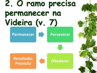 2. O ramo precisa
permanecer na
Videira (v. 7)
Permanecer Perseverar
Obedecer
Resultado:
Provisão
 