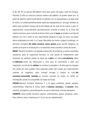 A, B1, B2, PP. La cáscara del plátano sirve para quitar verrugas y para los hongos.

Durante 15 días se coloca la cáscara madura del plátano, se puede raspar por la
parte de adentro sobre la piel afecta, se adhiere con un esparadrapo y se deja toda

la noche, se cambia periódicamente hasta que desaparezca la verruga, también se
aplica para combatir hongos de la piel debajo de las uñas de las manos y pies. Es

expectorante, consumiéndolo periódicamente controla el estrés. Es la fruta del
sistema nervioso, pues controla el ánimo. Para curar el asma se emplea una hoja de

plátano con raíz y todo se asa, exprimiendo después el jugo, se toma una tasita

diaria endulzada con miel, 2 o 3 tazas. Mezclado con leche o yogurt constituye un
alimento completo. No debe comerse como postre, pues resulta indigesto, en

cambio es bueno en el desayuno o la merienda, entre comidas o antes de comer.
MANI. (Neutra) Contiene una elevada proporción de proteínas y aceites esenciales

necesarios para el organismo humano, lo cual ayuda al metabolismo para
mantener en perfecto estado la salud de la piel y el sistemacirculatorio, eleva

las defensas contra las infecciones y sirve para el crecimiento y para una
respiración normal de las células. Es nutritivo y energético. Se dice que los masajes

con aceite de maní pueden hace engordar partes del cuerpo por hipernutrición
cutánea,   es    magnífico     para   corregir    arrugas    y   limpiar   el   cutis. No

conviene consumirlo tostado. La manera correcta es crudo, en leche, en
mantequilla, aceite. Es compatible con todas las frutas.

CACAO (Neutra) Contiene Vitaminas C y A, agua, proteínas, grasas, potasio,
carbohidratos, Vitamina B. Actúa sobre el sistema nervioso y el corazón. Muy

nutritivo, energético y reconstituyente, se usa en afecciones crónicas del pecho.
CAIMITO. (Semi-ácida) Contiene calorías, carbohidratos, grasas, proteínas, calcio,

fibra, fósforo, hierro, Vitaminas A. C. B, es rico en carbohidratos.
 